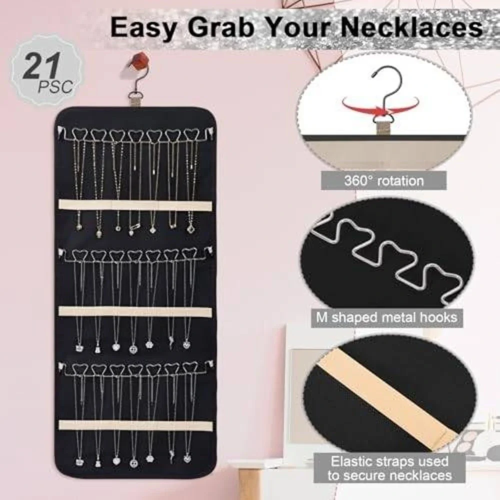 Double Sided Hanging Jewelry Organizer 40 Pockets 20 Hooks Necklace Holder Black